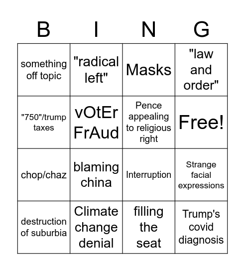 VP Debate Bingo Card