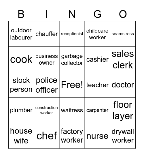 20202021 Jobs Bingo Card