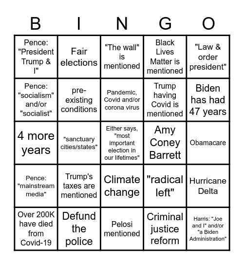 Vice Presidential Debate Bingo Card