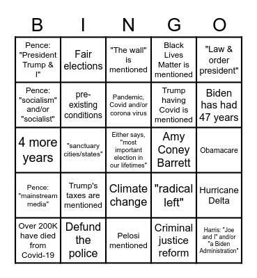 Vice Presidential Debate Bingo Card