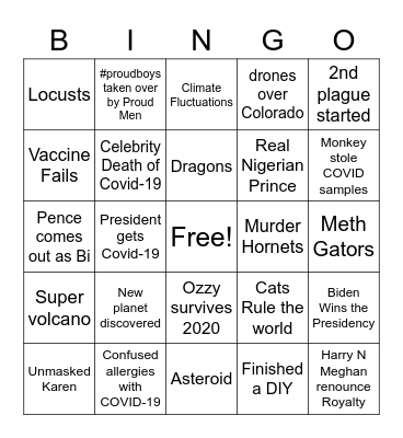 Year 2020 Bingo Card