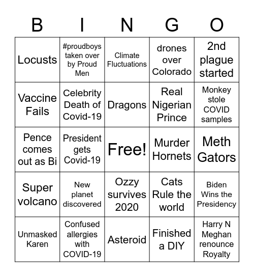 Year 2020 Bingo Card