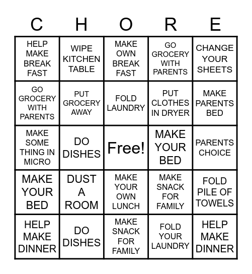 Chore Bingo Card