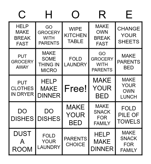 Chore Bingo Card