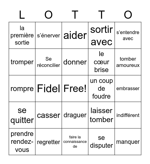 Amour et amitie Bingo Card