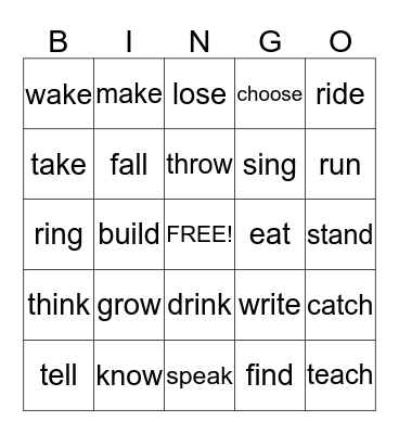Irregular Past Tense Verbs Bingo Card