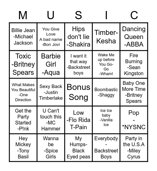 Musical Bingo 90's - 20's Bingo Card