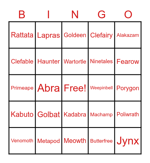 RA Pokemon Themed Bingo Card