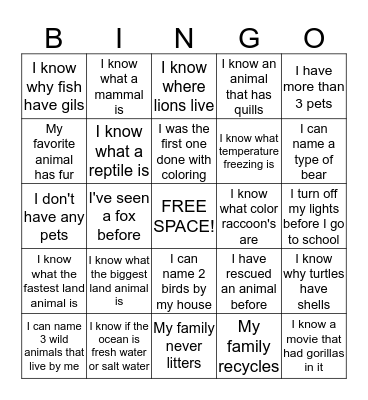 ANIMALS 101 BINGO Card