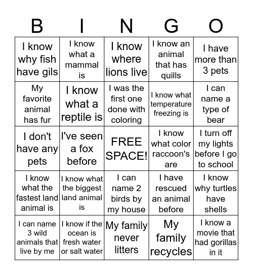 ANIMALS 101 BINGO Card