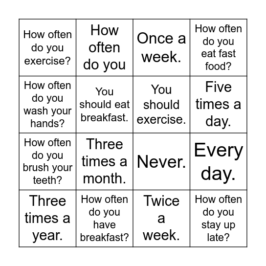 How often do you exercise? Bingo Card