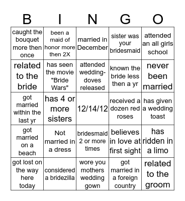 Wedding Bingo Card