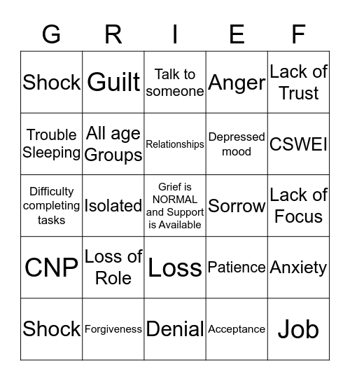 Good Grief Bingo Card