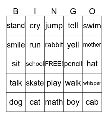 Nouns and Verbs Bingo Card