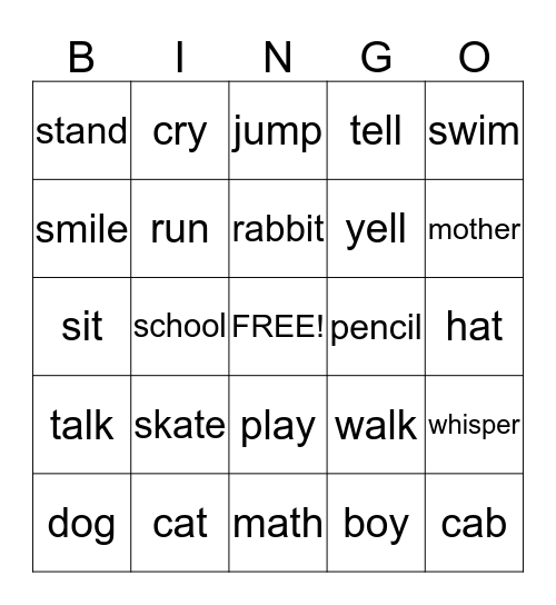 Nouns and Verbs Bingo Card