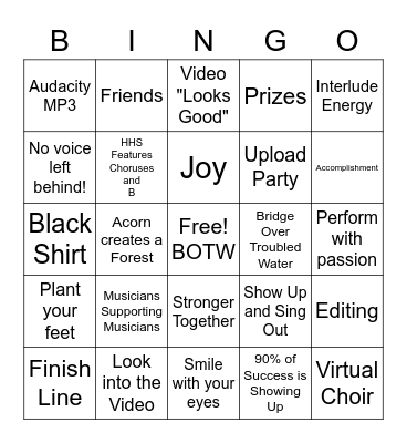 Cross the Finish Line Together Bingo Card