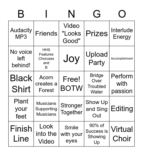Cross the Finish Line Together Bingo Card