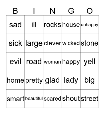 Synonyms - (Words that have similiar meaning) Bingo Card