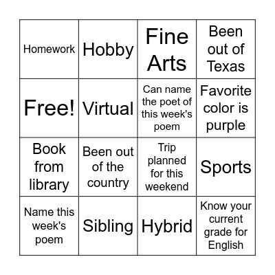 End of week fun Bingo Card