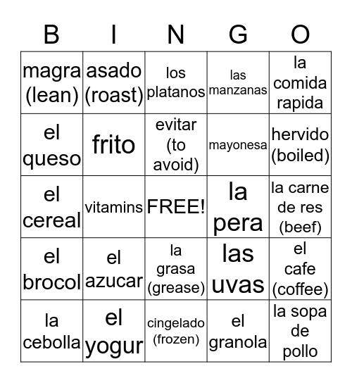 comida saludable Bingo Card