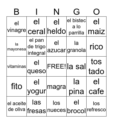 comida saludable Bingo Card