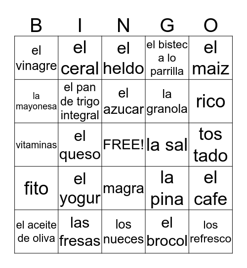 comida saludable Bingo Card