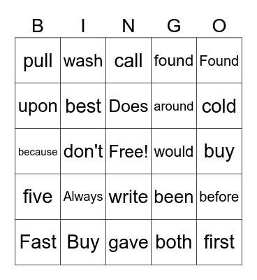 High Frequency Words Bingo Card