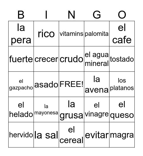 Comida Saludable Bingo Card