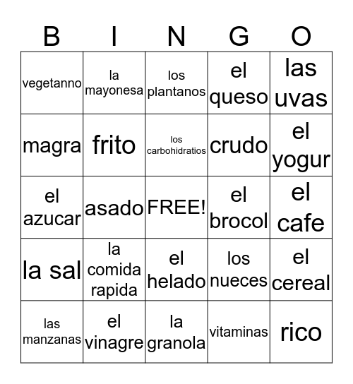 Spanish 2 Bingo Card