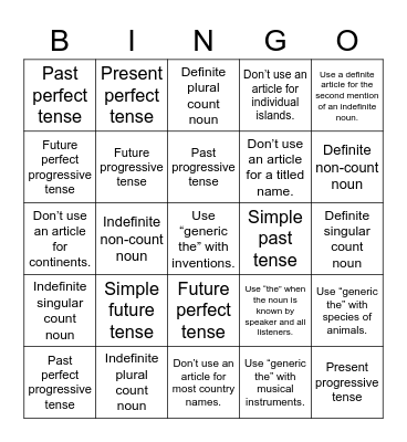 Grammar BINGO: Verb tenses & articles Bingo Card