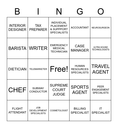 GUESS THE OCCUPATION Bingo Card