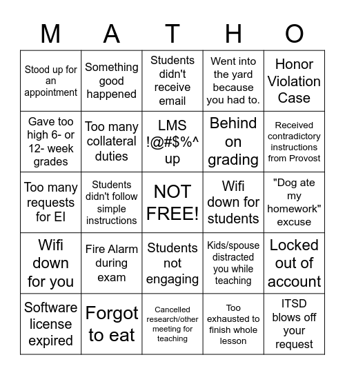 USNA MATH Bingo Card