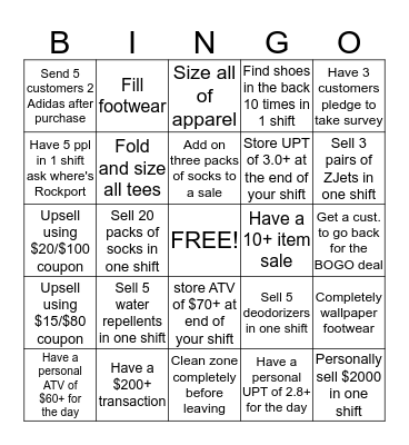 Reebok Sales BINGO Card