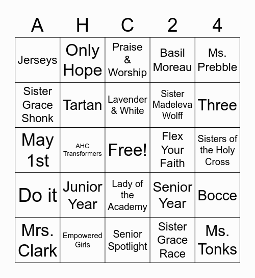 2024 Holy Cross Bingo Challenge Bingo Card