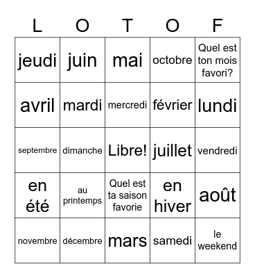 Jours, mois, saisons en français Bingo Card