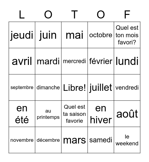 Jours, mois, saisons en français Bingo Card