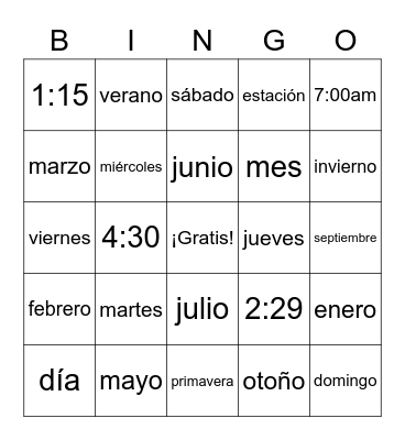 Días, meses y temporadas Bingo Card