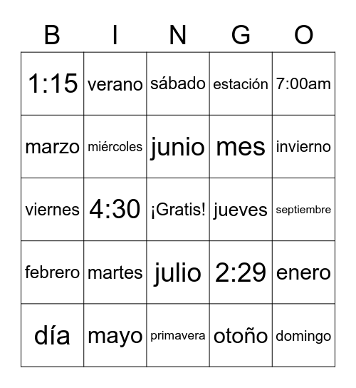 Días, meses y temporadas Bingo Card