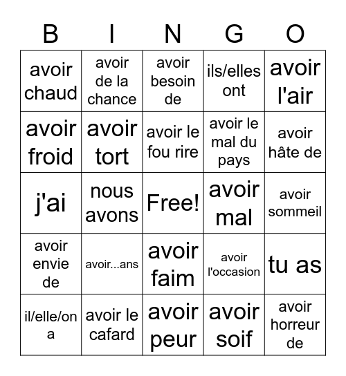 Phrases avec Avoir Bingo Card