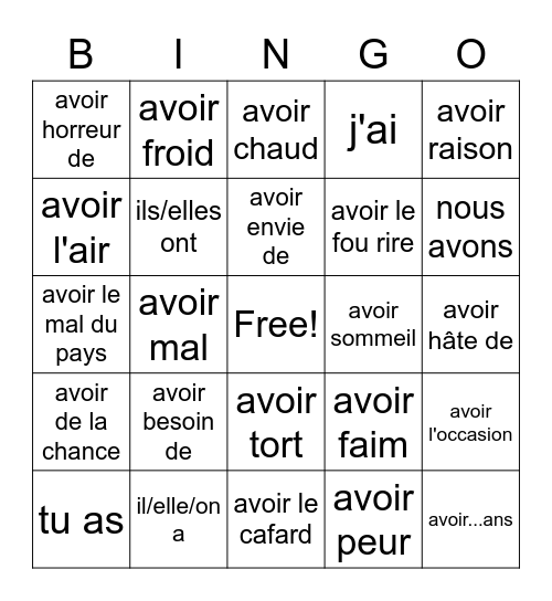 Phrases avec Avoir Bingo Card