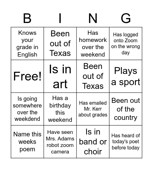 Kerr Bingo Card