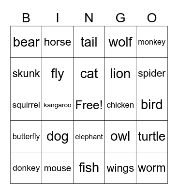 Animals Bingo Card