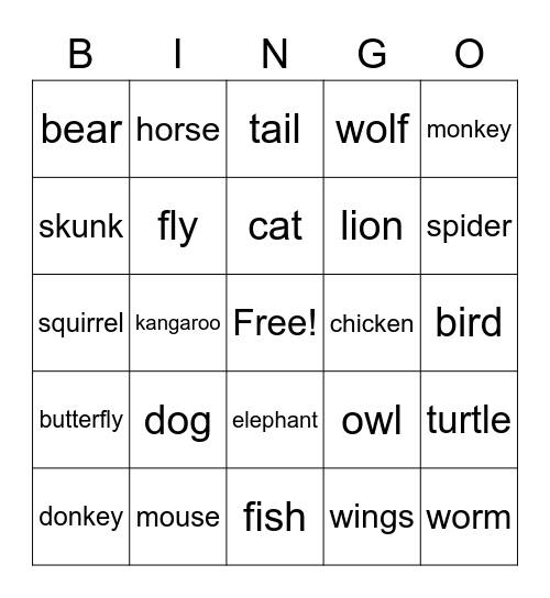 Animals Bingo Card