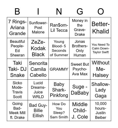 BILLBOARD TOP 100 SONGS FROM 2019 Bingo Card