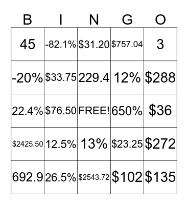 Pre-Algebra Chapter #6 Review Bingo Card