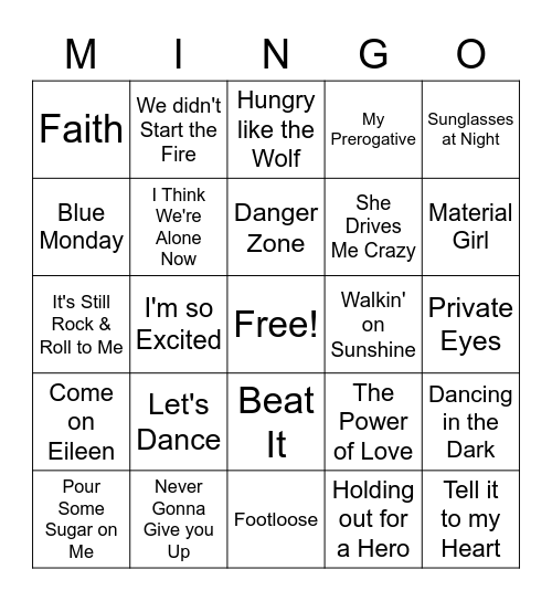 80's MINGO Bingo Card