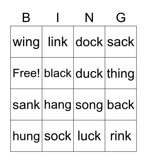 ck and ng and nk Bingo Card