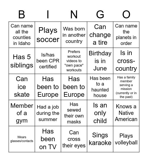 Get to Know You Bingo Card