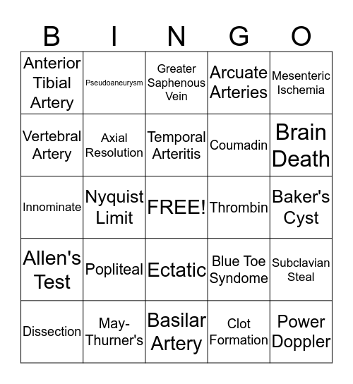 Vascular Bingo, Part 2! Bingo Card