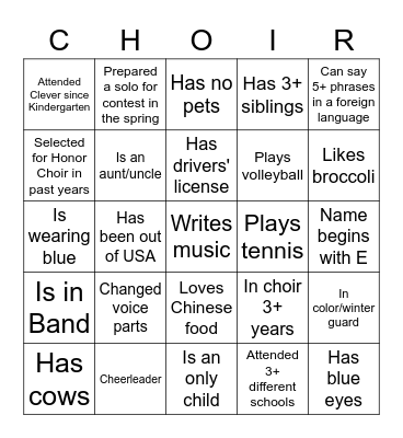 How well do you know your choir teammates? Bingo Card